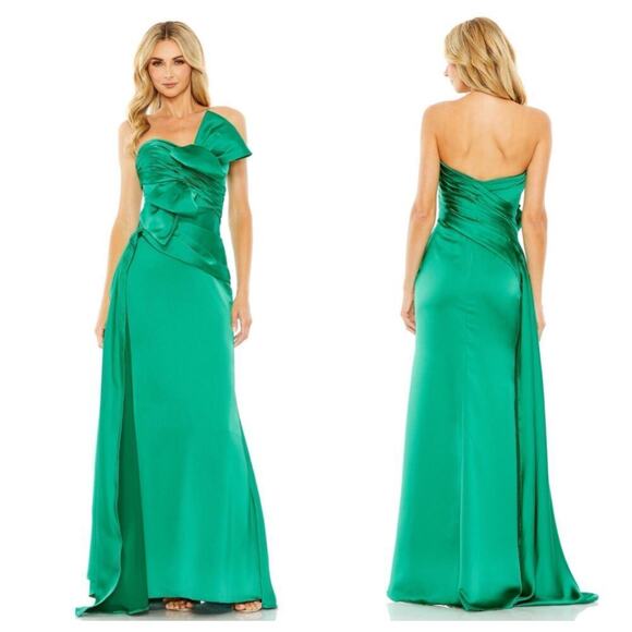 Mac Duggal 20585 Satin Bowknot Strapless Column Dress Emerald Size 14 NWT - Picture 1 of 13